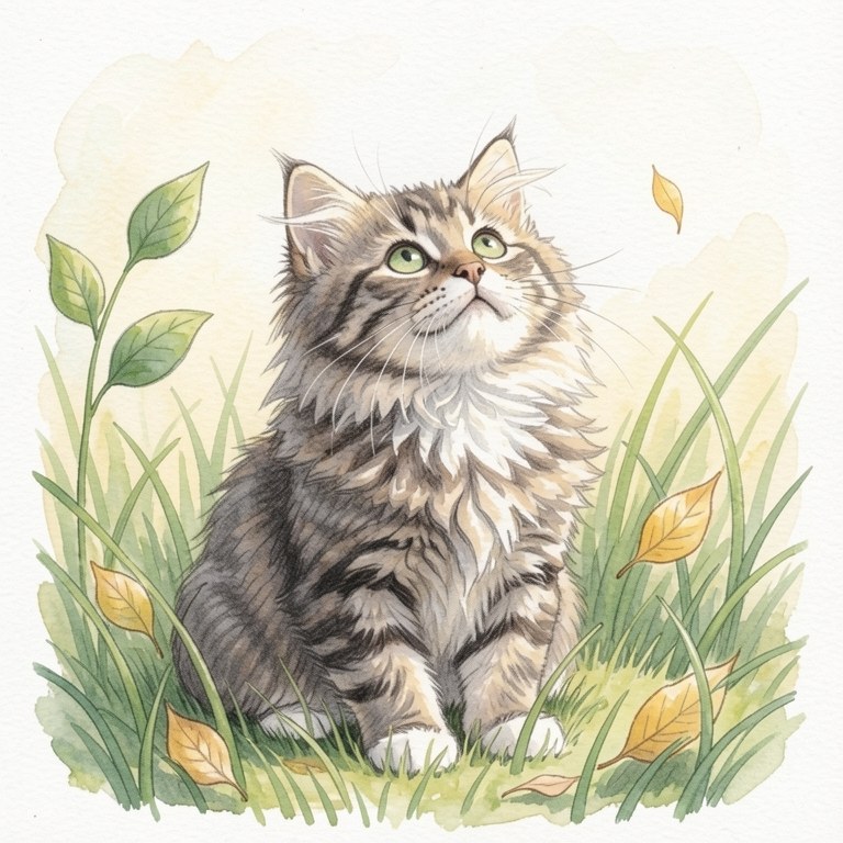Zeichnung von Mo im Gras, im Stil von Bleistift und Aquarell.